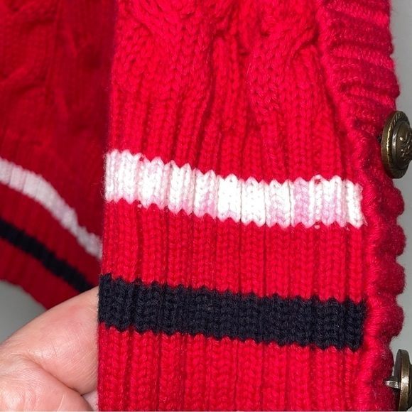 Vintage Twisted Cable Knit Sweater Long Cardigan Red Crest Rampant Lion Buttons - Picture 7 of 11